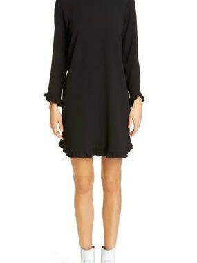 GANNI Clark Ruffle Trim Long Sleeve Mini Shift Dress in black